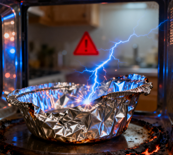 Kan jeg legge servise av aluminiumsfolie i mikrobølgeovnen?